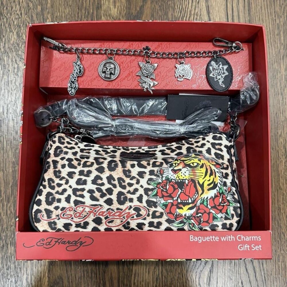 Ed Hardy Baguette leopard cheetah shoulder bag with charms gift set